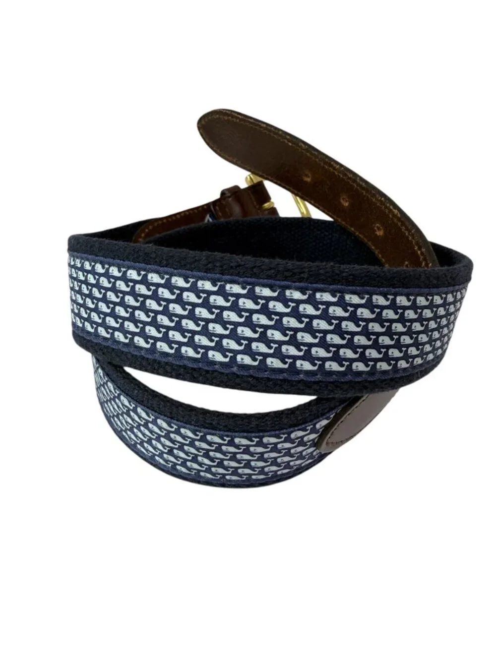 Vineyard Vines Mens Belt Size Small Blue Whale Logo Print Brown Leather